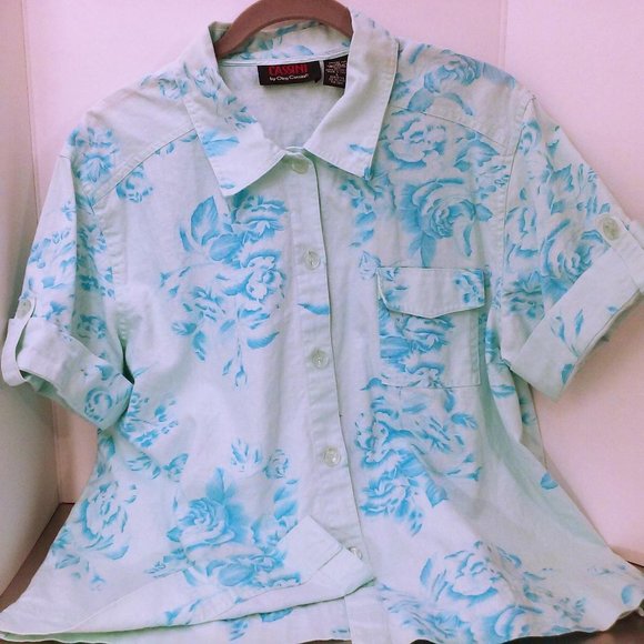 Y2K Cassini Linen Floral Blouse Sz-L Pocket SSL - Picture 1 of 10